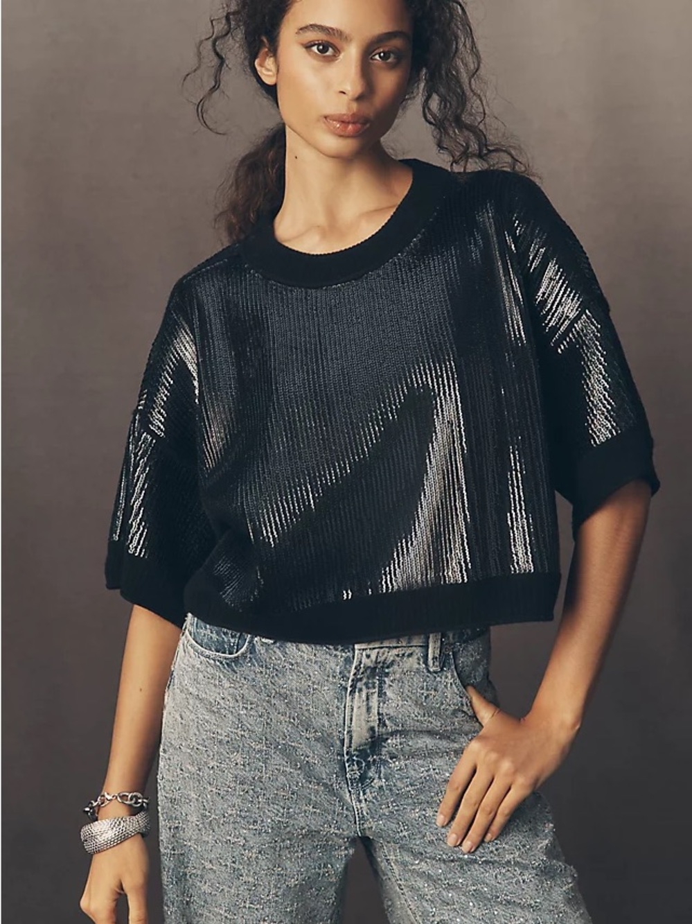 NWT Anthropologie XS Goldie Crew-Neck Wool Cashmere Sequin top sweater boxy